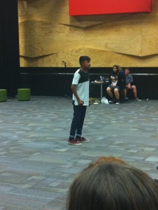 Jayan performing Shakespeare's Henry V's "Once more into the breach" monologue.